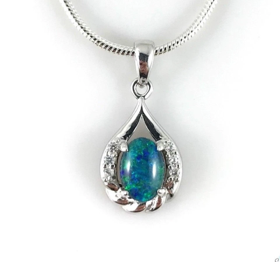 Ciondolo collana opale in argento sterling 925 con zirconi cubici, regalo, op... - Immagine 1 di 4