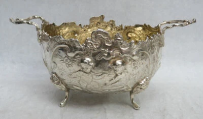 HERMOSO CUENCO VINTAGE ALEMÁN CON PATAS DE PLATA QUERUBÍN Y CISNE DORADO LAVADO 7" Foto 1 de 4