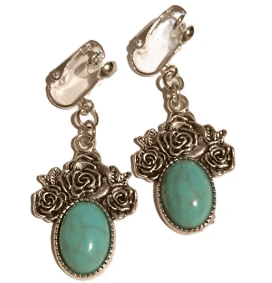 Ohrclips Clips Ohrringe Rosen türkisf silberf ca 4,7 cm lang Romantik Look - Bild 1 von 4