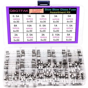 Kit surtido de fusibles de vidrio soplado lento QBGTFAK 15 valores 150 piezas 6x30 mm, 250 V 0,5 A,... - Imagen 1 de 6