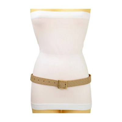 Women Beige Basket Weave Skinny Classy Look Belt Gold Metal Square Buckle S M - Image 1 of 4