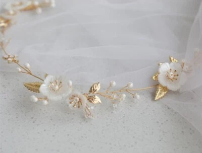 Fio feminino BOHO noiva casamento simples folha de ouro pérola videira flor branca peça de cabeça - Imagem 1 de 4