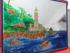 16 x 20 Wall Decor PAINTING ON GLASS MIRROR LIGHTHOUSE & the SEA OOAK RARE WOW! - Picture 1 of 7