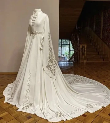 Arabic Circassian Wedding Dresses Muslim Long Sleeve Cape Caftan Bridal Dress - Image 1 of 4