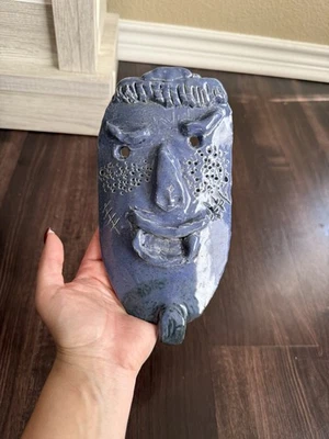 Handmade Ceramic Face Mask Periwinkle Blue Halloween Monster Wall Art Folk - Image 1 of 4