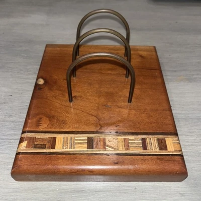 Antique Brass & Art Deco Wood Inlay Base Mail Letter Holder Desk Organizer 40’s - Image 1 of 4
