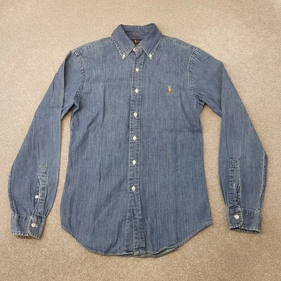 Camisa Ralph Lauren Para Hombres Pequeña Azul Denim Calce Ajustado Poni Abotonada Manga Larga Foto 1 de 4
