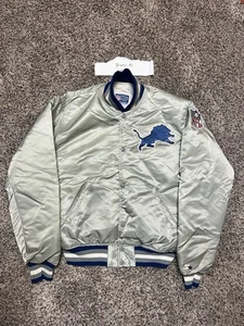 Vintage Detroit Lions Satin Starter Jacket Silver Bomber Medium - Picture 1 of 11
