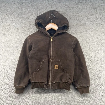 Carhartt Active Jacket Kids Medium 8 Chocolate Brown Hooded Canvas Lined Youth - Image 1 of 4