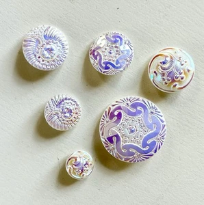 Vintage Czech Milk Glass Button Lot Of 6-Iridescent/Aurora Borealis (0.5”-1.6”) - Picture 1 of 8
