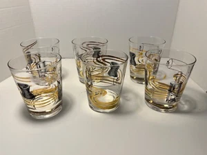 Lot Of 6 Mid Century Modern Detailed Drinking Glasses Decorative Gold Tone - Picture 1 of 5