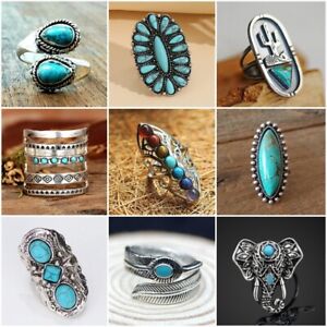 Vintage 925 Silver Rings Women Turquoise Ring Wedding Party Jewelry Adjustable