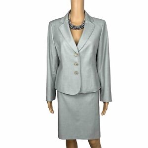 Kasper Women Polyester Rayon Skirt Suit 10P Light Gray Notch Collar Lined 2PC