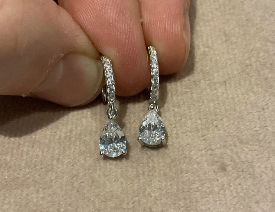 2.60Ct Lab Created Diamond Pear Cut Drop Hoop Earrings 14K White Gold Plated Foto 1 de 1