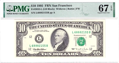 1995 $10 FRN San Francisco PMG Superb Gem Uncirculated 67EPQ #L68882155B - Image 1 of 2