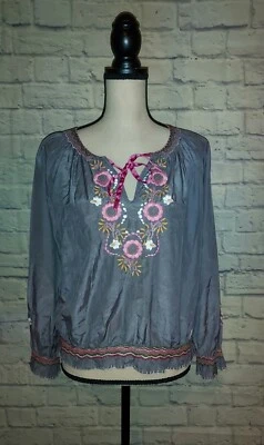 Odd Molly Floral Embroidered Shimmer Silk Blend Blouse Johnny Was Style Size 3 - Image 1 of 4