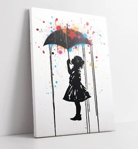BANKSY STYLE UMBRELLA GIRL, COLOURFUL RAIN -FRAMED CANVAS WALL ART PICTURE PRINT - Picture 1 of 2