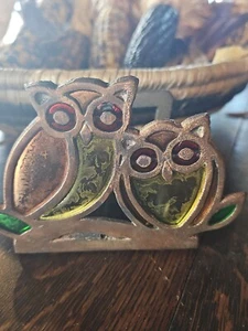 Vtg cast iron stained glass votive candle holder Colorful Owls Collectble - Picture 1 of 7