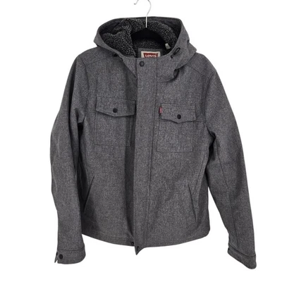 Levis mens size medium gray full zip fleece lined soft shell hooded jacket - Image 1 of 4