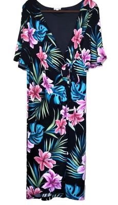 Kiyonna Black Vibrant Floral Faux Wrap Stretch Slit Flutter Sleeve Dress Plus 2X - Image 1 of 4