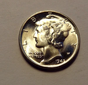 1945 S MERCURY DIME, GEM BU, FASCE COMPLETE, MONETA MOLTO BELLA, DA ROTOLO ORIGINALE - Foto 1 di 2
