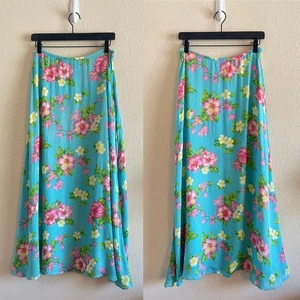 90s Lauren Ralph Lauren Silk Blue Hawaiian Floral Maxi Skirt Womens Size 10 - Picture 1 of 11