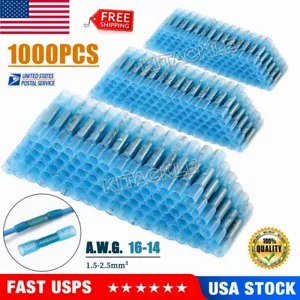 1000PCS 16-14AWG Heat Shrink Butt Wire Connectors Waterproof Crimp Terminal Blue - Picture 1 of 13