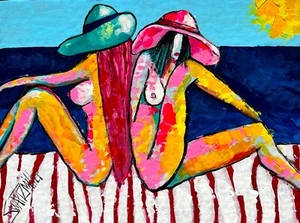 COLORFUL SUNBATHERS Painting UPCYCLED CB SWARTZMILLER DNA SIGNED ART UNIQUE BIG - Picture 1 of 12