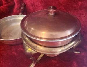 Vintage Mid Century Copper & Brass Fondue Set Stand, Skillet, Bowl, Warming Unit - Picture 1 of 17