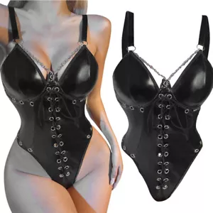 Women's PU Leather Bodysuit Lace Up Teddy Lingerie Bodysuit Clubwear Halloween - Picture 1 of 27