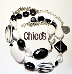 Signed CHICO'S 2-Strand Chunky Black & White Acrylic & Quartz Statement Necklace - Picture 1 of 4