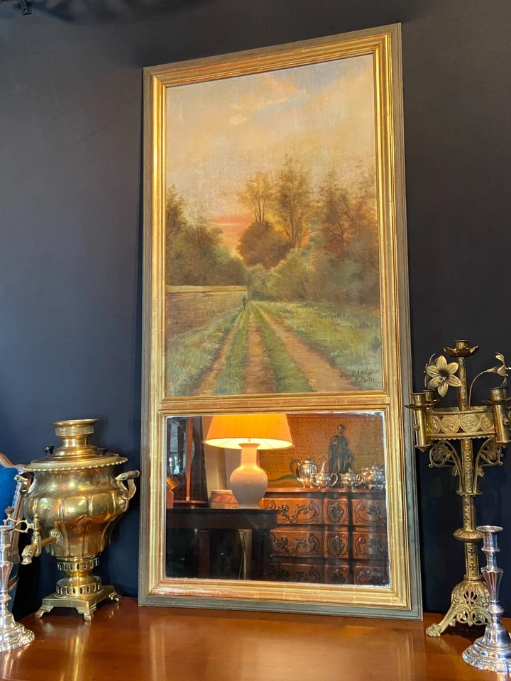 Miroir de cheminée trumeau fin XIXe tableau signé Carlier au chemin de campagne - Photo 1/4
