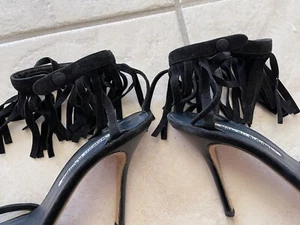 Manolo Blahnik SEXY HIPPIE FRINGES ANKLE BLACK SUEDE Carolyne STILETTO SHOES 38 - Picture 1 of 8