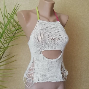 Cropped Tops Women Ivory Cotton Knitted Crochet Halter Top Y2K Summer Beach Tank - Picture 1 of 10