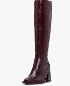 Knee High Boots Women Chunky Heel Square Toe Tall for Women Burgundy - Picture 1 of 10