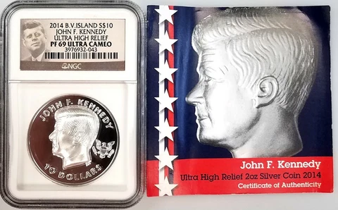 2014 British Virgin Islands $10 JFK, Ultra High Relief PF 69 Ultra Cameo by NGC! Cover