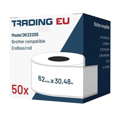 50x Label kompat. zu Brother DK22205 62 mm x 30,48m endlos +1x Wechselhalter