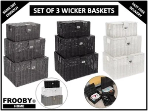 Set of 3 Wicker Resin Woven Storage Baskets Complete with Lid Lock Gift Box NEW - Picture 1 of 6