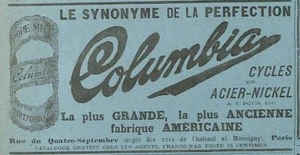 PARIS / AMERICAN CYCLES " COLUMBIA " PUBLICITE ADVERTISING 1897 - Picture 1 of 1