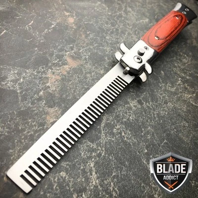 Automatic Push Button Folding Comb Switchblade Knife Looking Brush Wood NEW - Image 1 of 4