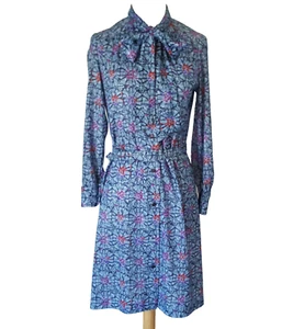 Vtg 60s 70s Knit Shirt Day Dress Size S M Blue Print Pussy Bow Belted Button Up - Picture 1 of 9