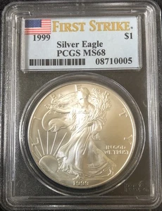 American Silver Eagle 1999 graduación profesional MS68 etiqueta de bandera First Strike - Imagen 1 de 2