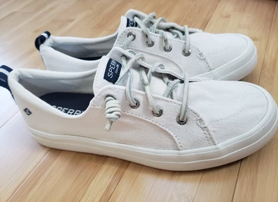 Zapatillas deportivas de lino Sperry Crest Vibe blancas de lona de cuero con encaje para mujer talla 9M usadas en excelente estado Foto 1 de 4