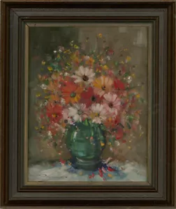 Contemporary Oil - Vibrant Flower in Green Vase - Picture 1 of 4