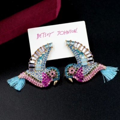 Betsey Johnson Crystal Blue Bird Tassel Gold Drop Dangle Earrings Free Gift Bag - Image 1 of 3