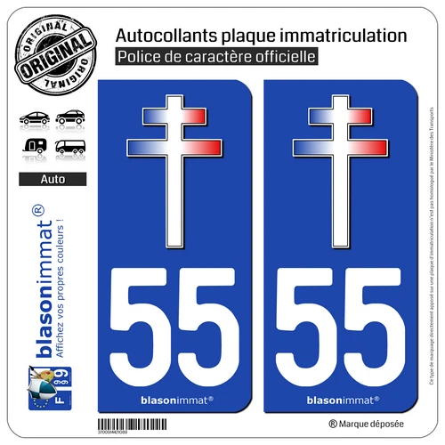 BLASONIMMAT 2 Sticker plaque immatriculation auto 55 Croix de Lorraine