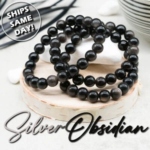 Silver Obsidian Crystal Bracelet Healing Protection Beads Black Jewelry Gift - Picture 1 of 7