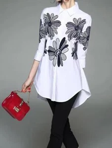 Damen Langarm Baumwolle Shirt Knopfleiste Blumen V-Ausschnitt Bluse Tunika Tops - Bild 1 von 4