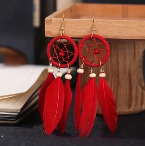 Red Bohemian Earrings Dream Catcher Feather Earrings - Boho Long Tassel Stylish - Picture 1 of 1