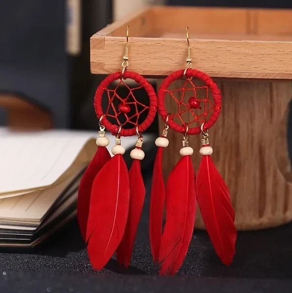 Red Bohemian Earrings Dream Catcher Feather Earrings - Boho Long Tassel Stylish - Image 1 of 1